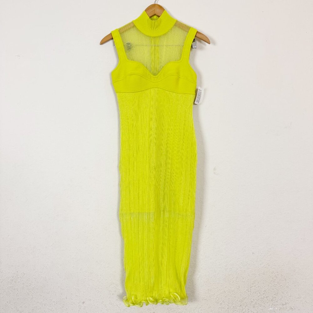Herve Leger Layered Ribbed Tulle Stretch Knit Chartreuse Midi Dress Size Medium - Picture 3 of 8
